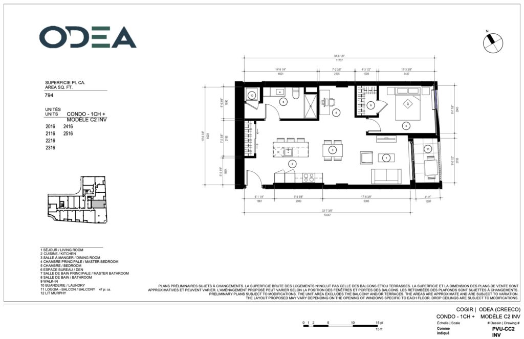 Plan de l'unité d'une chambre 2322 du projet Odea